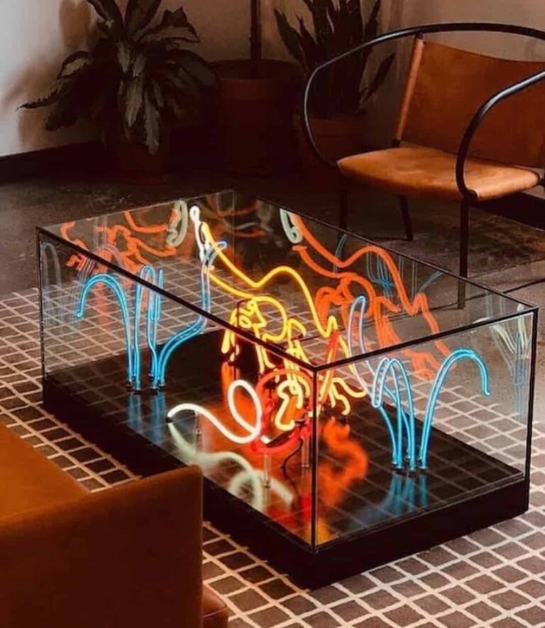 Neon infinity glass table in a bar