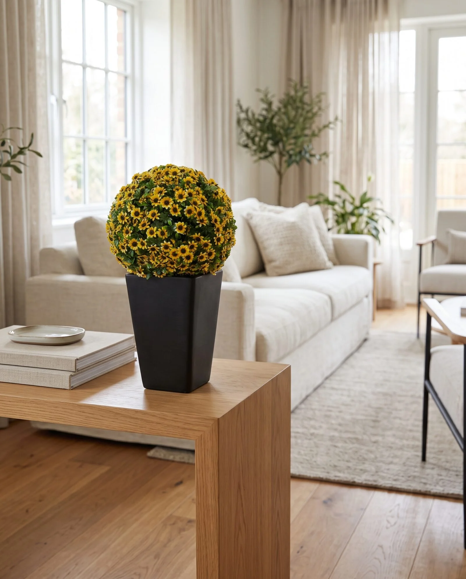 Buxus Ball Yellow flowers 35 cm styled in an interior — Neon Jungle Studios