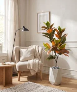 Croton Tree Orange 120 cm styled in an interior — Neon Jungle Studios