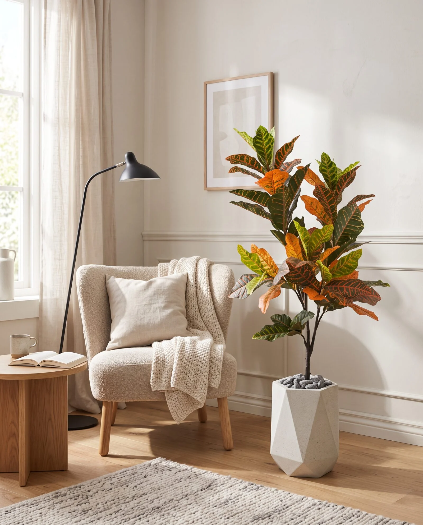 Croton Tree Orange 120 cm styled in an interior — Neon Jungle Studios