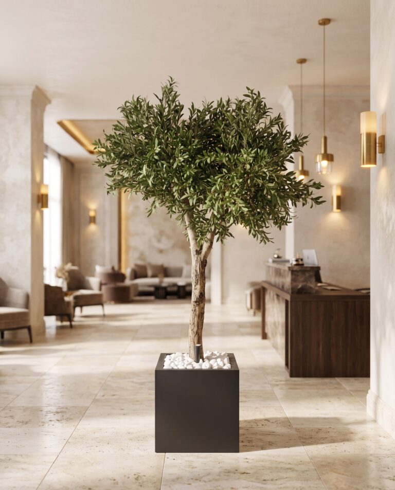 Custom olive tree, 210 cm, in a hotel lounge — Neon Jungle Studios