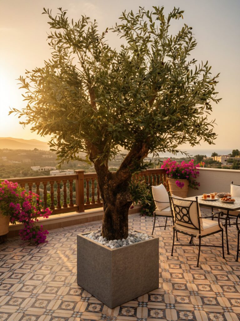 Custom real-wood olive tree 300 x 200 cm with anti-UV foliage on a terrace in Lebanon