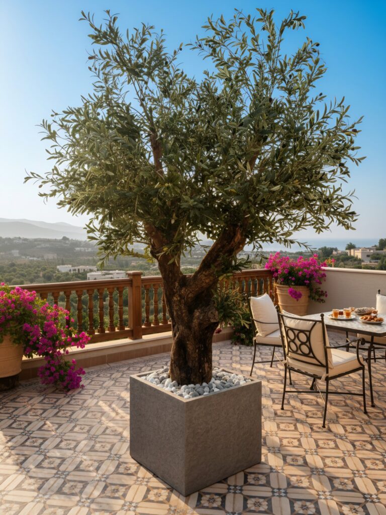 Olive tree with anti-UV foliage on a terrace