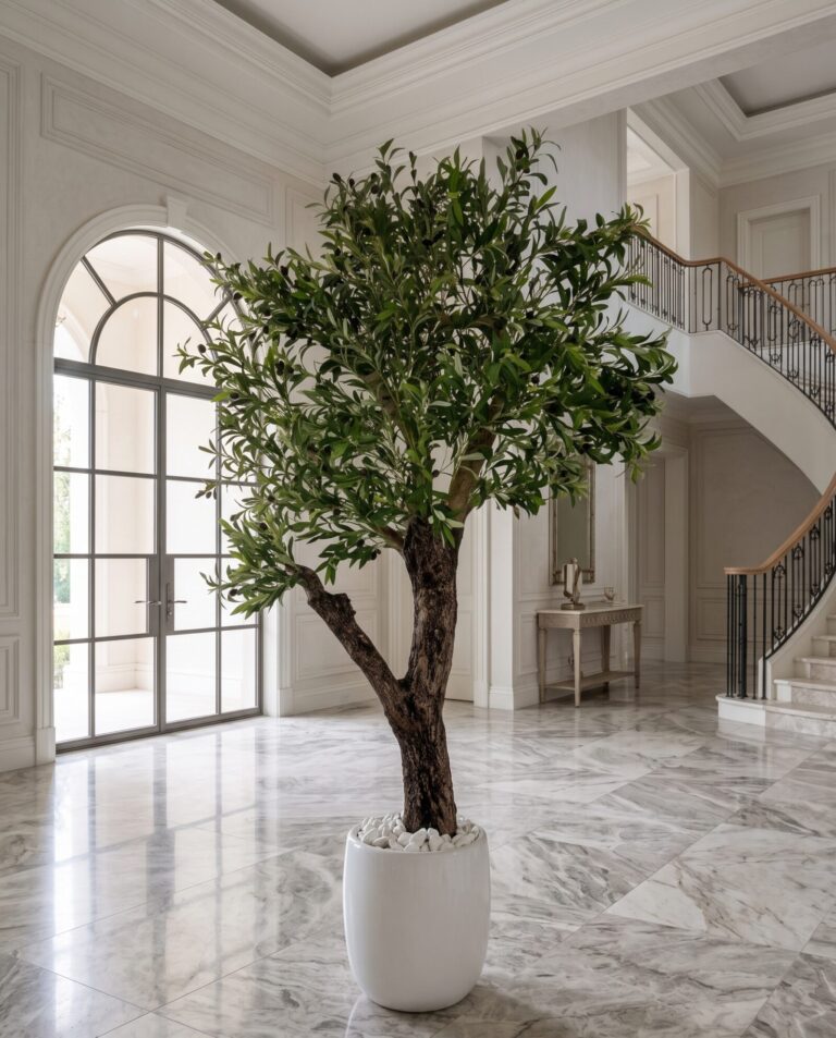 Custom olive tree 240 cm in a bright hall with arched windows