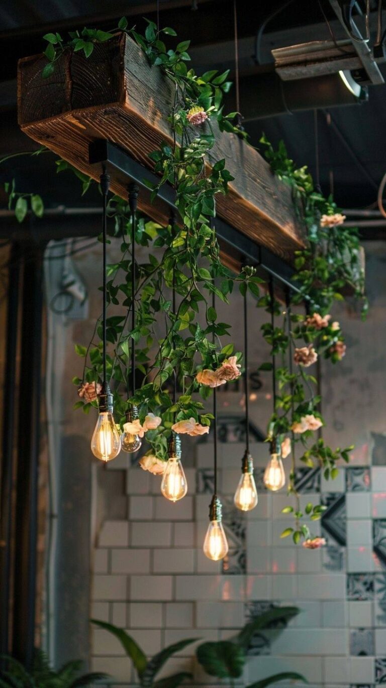Suspended greenery and lighting feature in a cafe