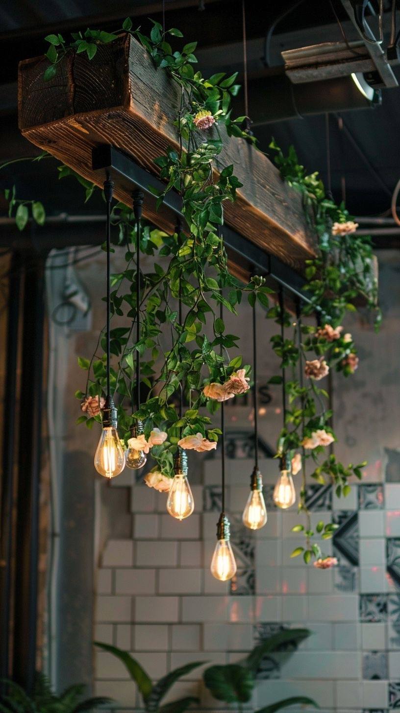 Suspended greenery and lighting feature in a cafe