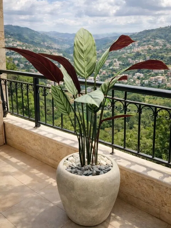 135 cm variegated birds of paradise — mountain-view balcony, Lebanon — installation by Neon Jungle Studios
