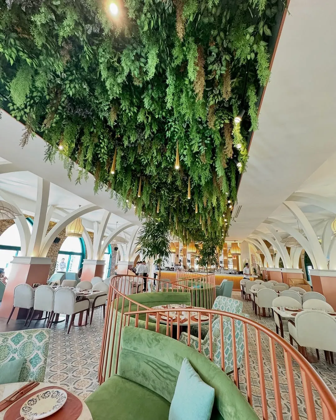 60 m² greenery ceiling — seaside restaurant, Lebanon — installation by Neon Jungle Studios