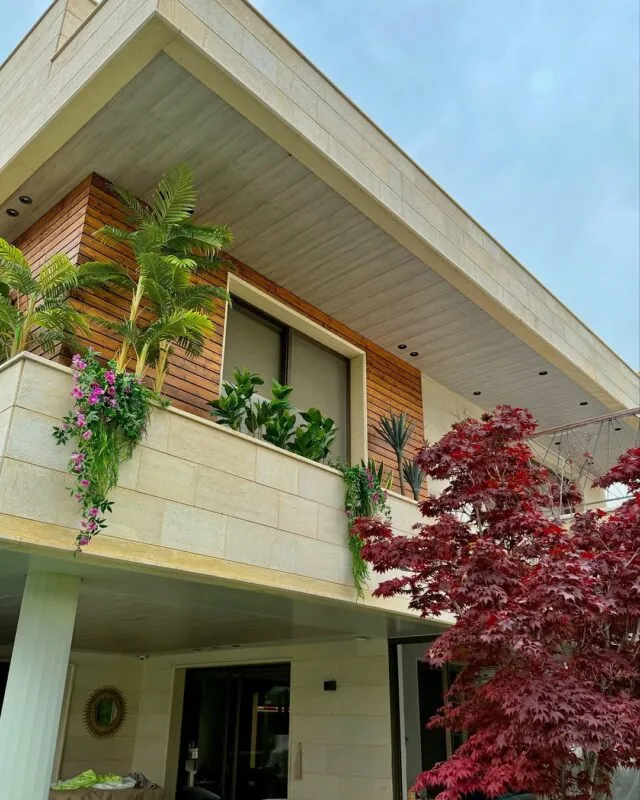 balcony planters of palms and flowers — villa, Lebanon — installation by Neon Jungle Studios