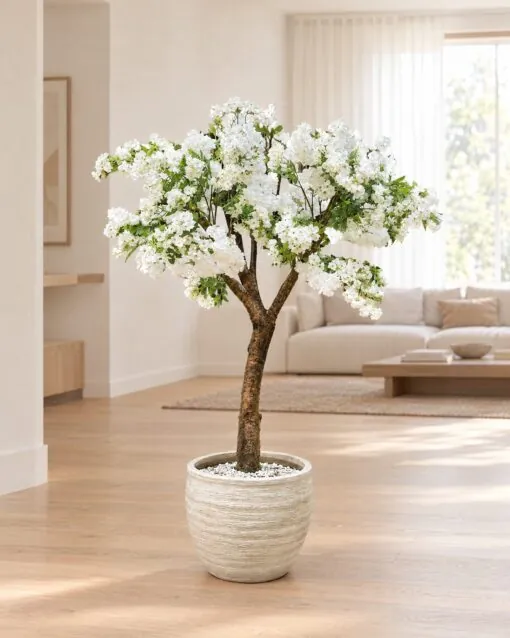 Custom White Cherry Blossom Tree 130x130 cm styled in an interior — Neon Jungle Studios