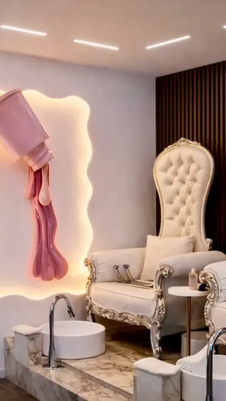 dripping nail-polish 3D wall sculpture — nail and beauty lounge, Lebanon — installation by Neon Jungle Studios