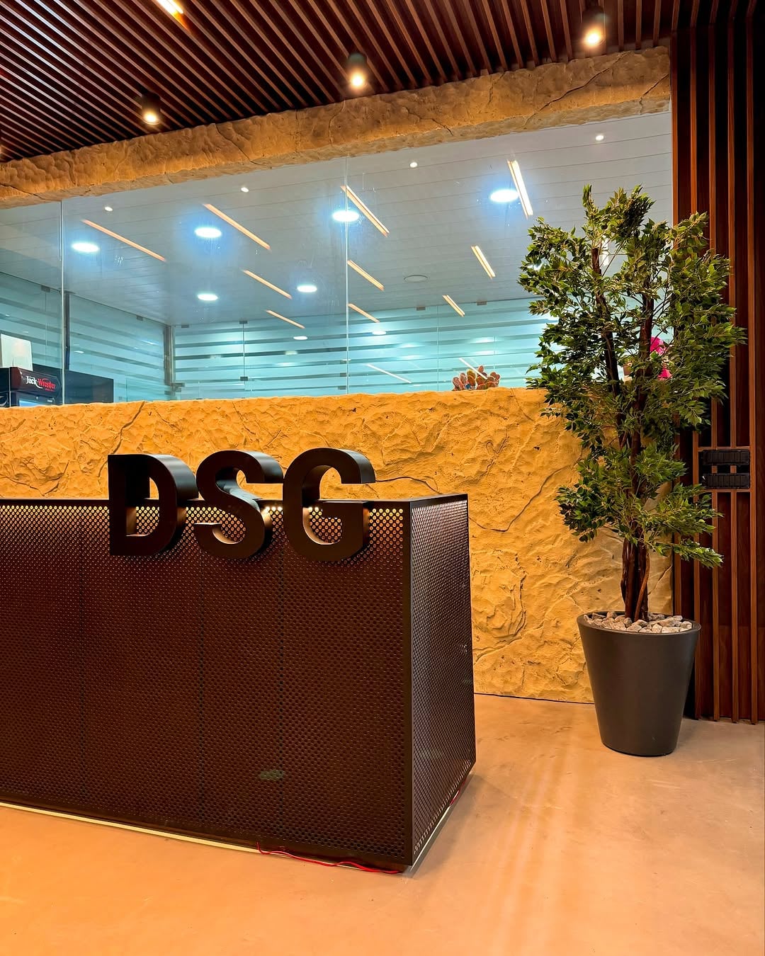 ficus tree beside a textured counter — office reception, Lebanon — installation by Neon Jungle Studios