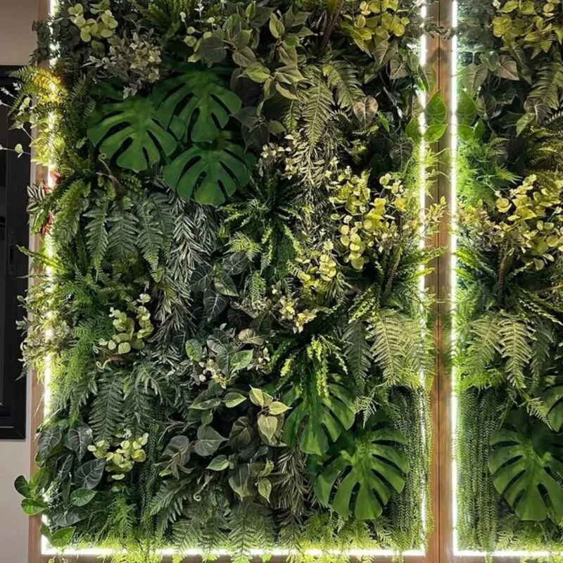 green wall framed in wood with lighting — interior wall, Lebanon — installation by Neon Jungle Studios