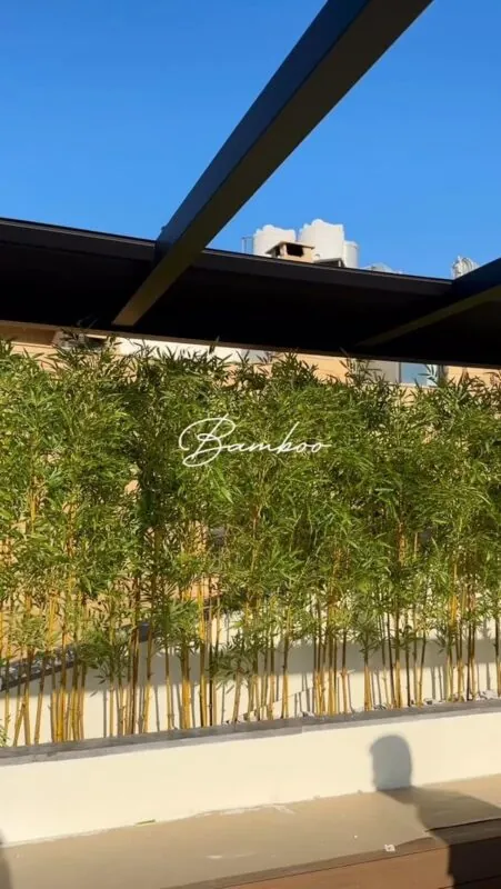 long planter of artificial bamboo — terrace under a pergola, Lebanon — installation by Neon Jungle Studios
