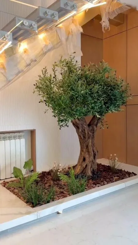 olive tree on a real teak trunk — home under a staircase, Lebanon — installation by Neon Jungle Studios