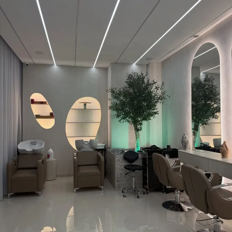 olive trees between the stations — hair salon, Lebanon — installation by Neon Jungle Studios