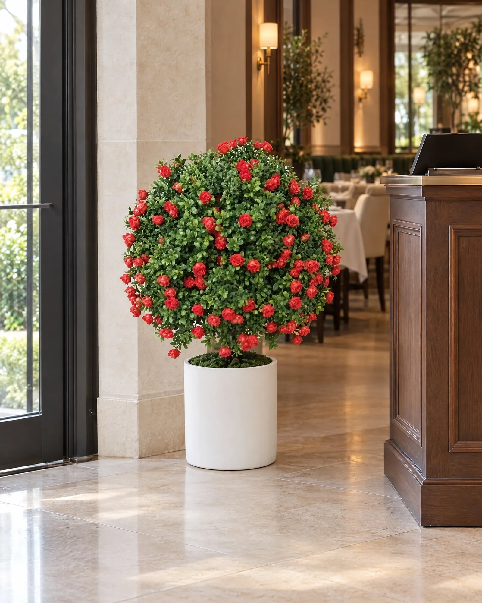 Red Rose Topiary Ball 54 cm styled in an interior — Neon Jungle Studios