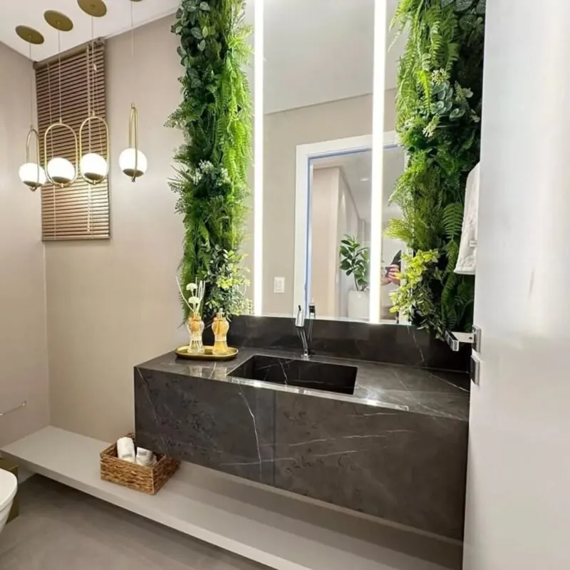 vertical garden strips around a mirror — bathroom, Lebanon — installation by Neon Jungle Studios